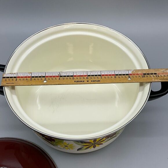 70s Floral Enamel Ware Dutch Oven Stock Pot Double Handle MCM - Picture 8 of 9